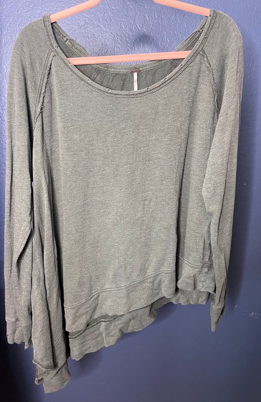 Free People Gray Distressed French Terry Sweatshirt Long Asymmetrical Hem Size M